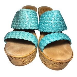Sbicca Halima Turquoise Woven Leather Wedge Sandals Size 8 Boho Floral Heel